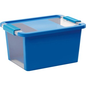 Blaue Aufbewahrungsbox Bi S mit Deckel und transparentem Sichtfenster.