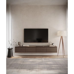 Selsey TV-Hängeboard Bemmi 200 cm in Nussbaum-Holzoptik, schwebend an der Wand mit vier Klappfächern. Moderner TV-Schrank.