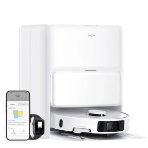 Weißer Mova Saugroboter P50 Ultra mit Reinigungsstation, bedienbar per App und Smartwatch.