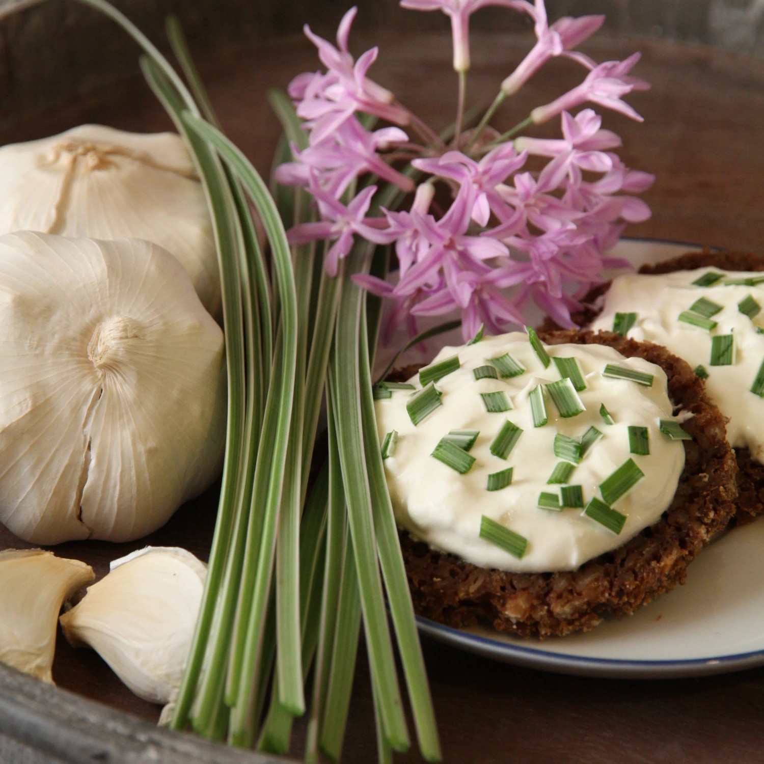 Bio-Knoblauchgras (Talbaghia) mit Knoblauchzehen, Blüten und Broten mit Kräuterquark.
