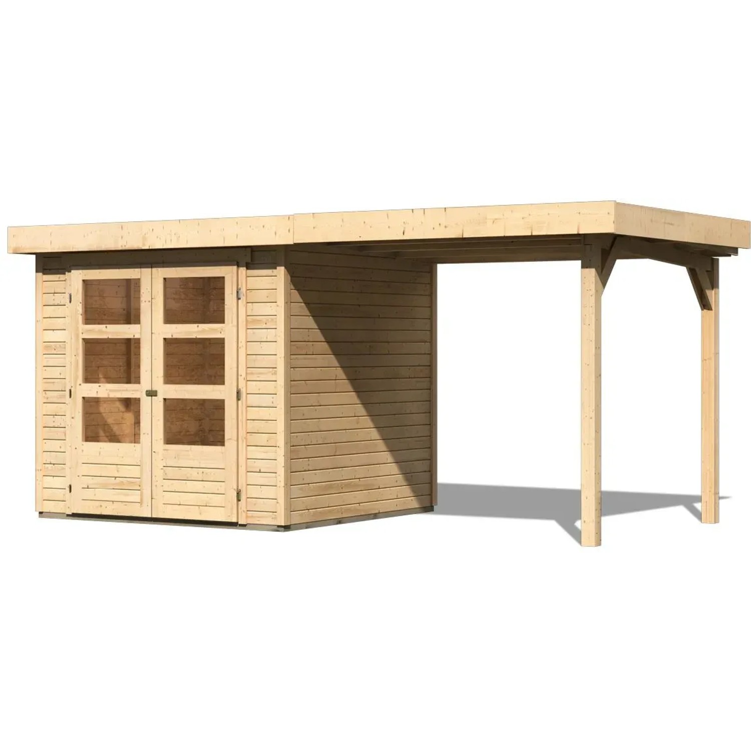 Naturbelassenes Karibu Express Gartenhaus Speedy A Set mit Anbaudach.