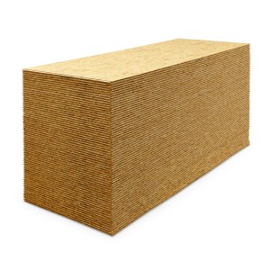 Stapel OSB-3 Verlegeplatten 15 mm mit Nut und Feder, geeignet für Wand-, Decken- und Bodenbeplankung.
