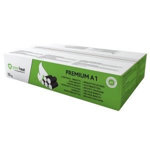 Greenheat Hartholzbriketts Premium im 10 kg Karton, geeignet für Kaminöfen und den Außenbereich.