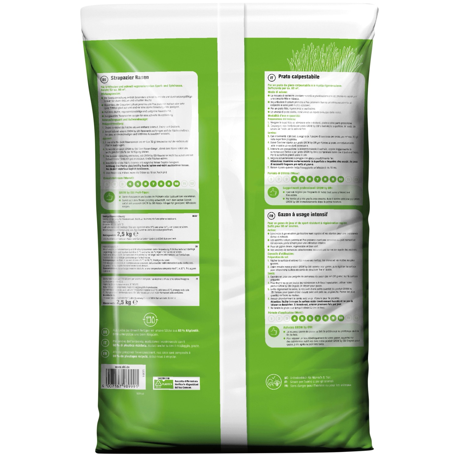 Verpackung OBI Strapazier-Rasen 2,5kg, Rasensamen für robusten, strapazierfähigen Gebrauchsrasen.