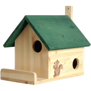 Dobar Eichhörnchenkobel aus Kiefernholz mit grünem Dach und Eichhörnchen-Dekor.