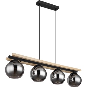 Moderne 4-flammige Pendelleuchte mit Rauchglas-Schirmen, Holz- und Metallelementen in Schwarz matt.