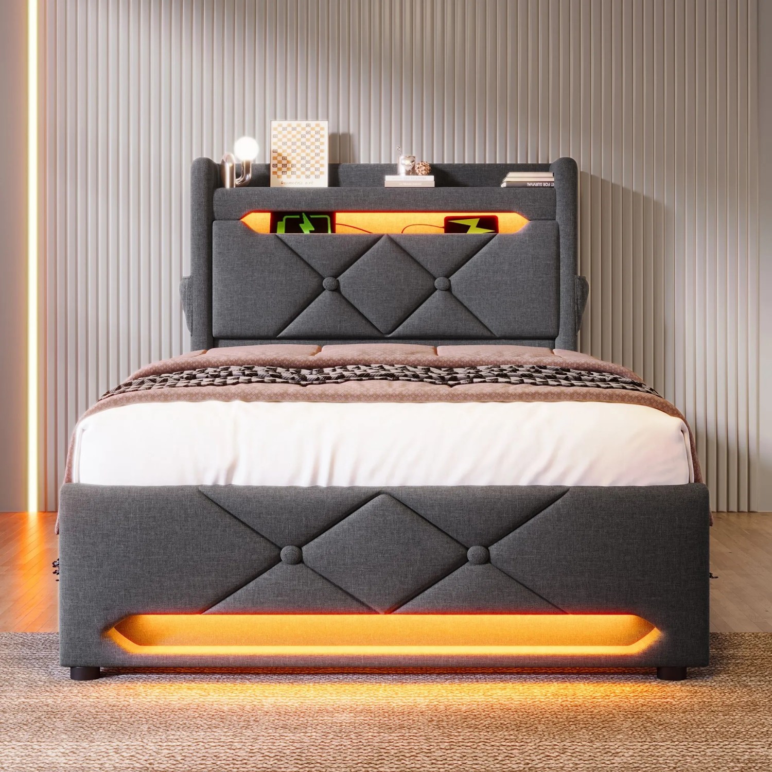okwish Polsterbett 90x200cm mit LED Stauraum USB Kopfteil Grau ohne Matratze_3