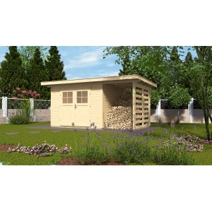 Unbehandeltes Weka Holz-Gartenhaus mit Flachdach und Anbau zur Holzlagerung im Garten.