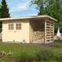 Unbehandeltes Weka Holz-Gartenhaus mit Flachdach und Anbau zur Holzlagerung im Garten.