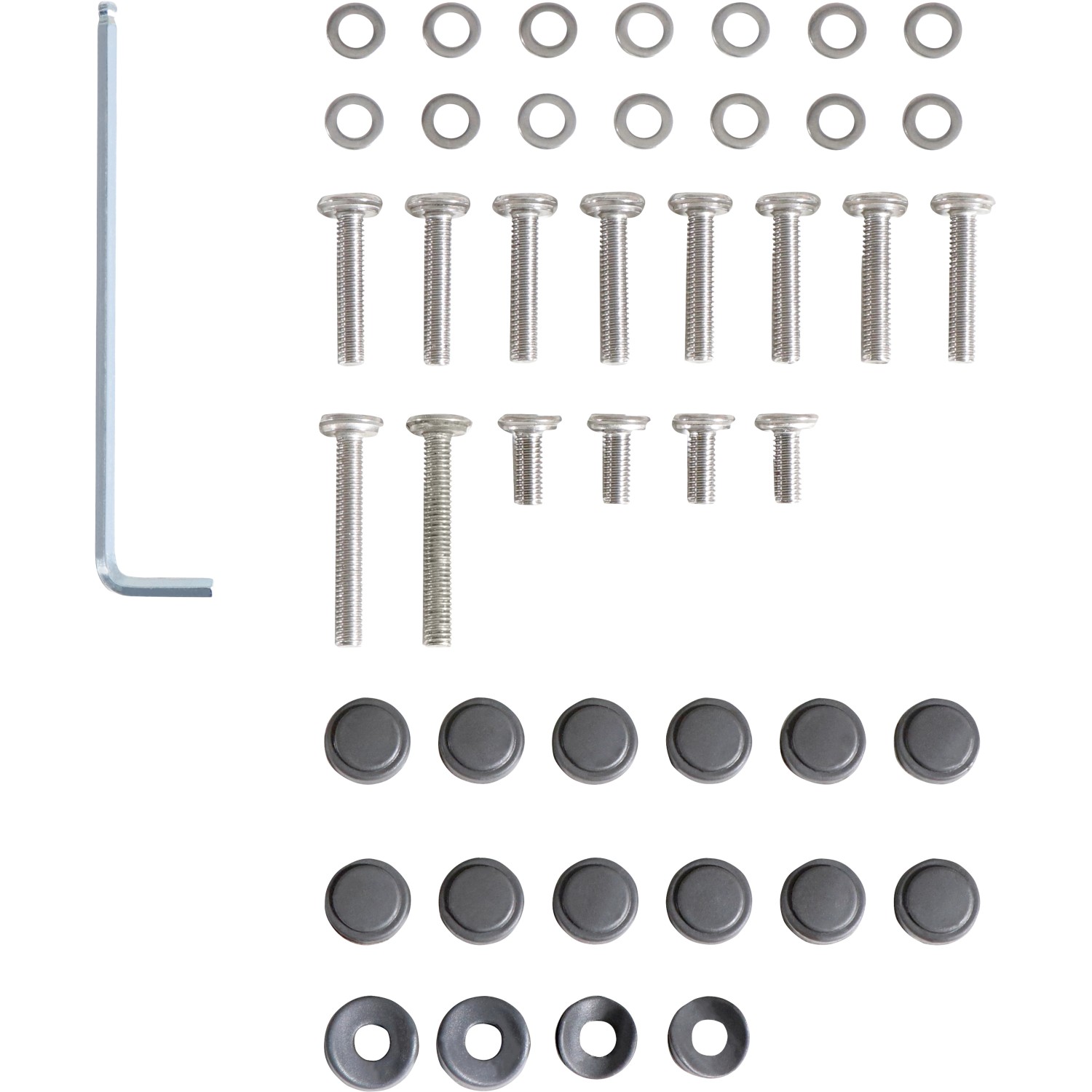 Montage-Set für Sonnenliege Sacramento: Schrauben, Unterlegscheiben, Kappen und Imbusschlüssel.