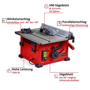 Einhell TC-TS 8 Tischkreissäge: Kompakte Kreissäge mit Parallel- und Winkelanschlag, Sägeblatt neigbar bis 45 Grad.