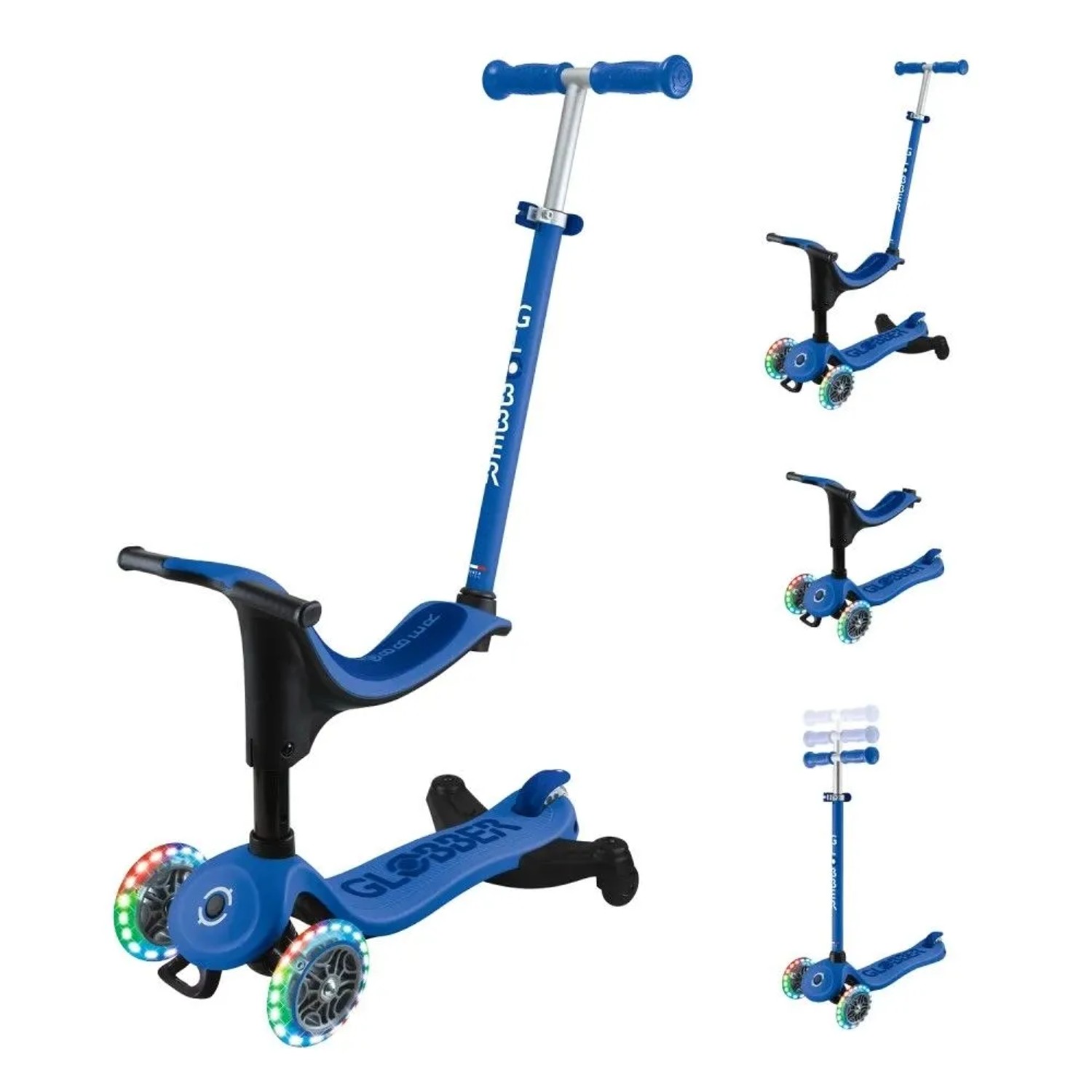 Blaues Globber Go-Up 3in1 Kinderfahrzeug als Aufsitzrad, Laufrad & Scooter mit LED-Rollen. Verstellbar, 3-rädrig.