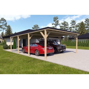 Holzbrüder Doppelcarport Ralf Natur mit schwarzem Blechdach und zwei geparkten Autos.