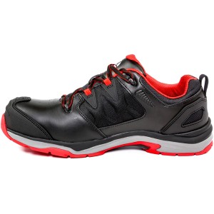 Schwarzer Albatros Ultratrail Low S3 Sicherheitshalbschuh, Größe 45, mit rotem Innenfutter und Schnürsenkeln.