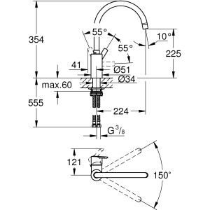 Technische Zeichnung Grohe QuickFix Spültischbatterie Feel Chrom mit Maßen.