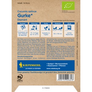 Bio Einlegegurke 'Diamant' Saatgut von Kiepenkerl Profi-Line. Dunkelgrüne Gurken auf der Packung.