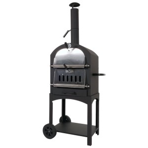 Schwarzer Holzkohlegrill mit Pizzaofen, Temperaturanzeige und Rädern.