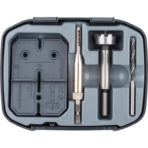 wolfcraft Scharnierloch-Set, 5-teilig, mit Bohrern und Schablonen im Koffer.