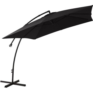 Anthrazitfarbener Ampelschirm (Ø 250 cm) mit Kurbelmechanik und Schirmständer.