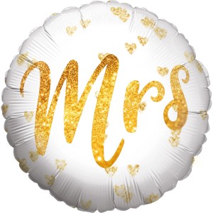 Runder weißer Folienballon mit goldener "Mrs" Aufschrift und Glitzerherzen, Ø 45 cm. Ideal für Partys.