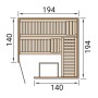 Grundriss der Weka Element-Ecksauna Varberg, eine Familiensauna aus Fichtenholz mit Glastür, Maße 194x194x140 cm.