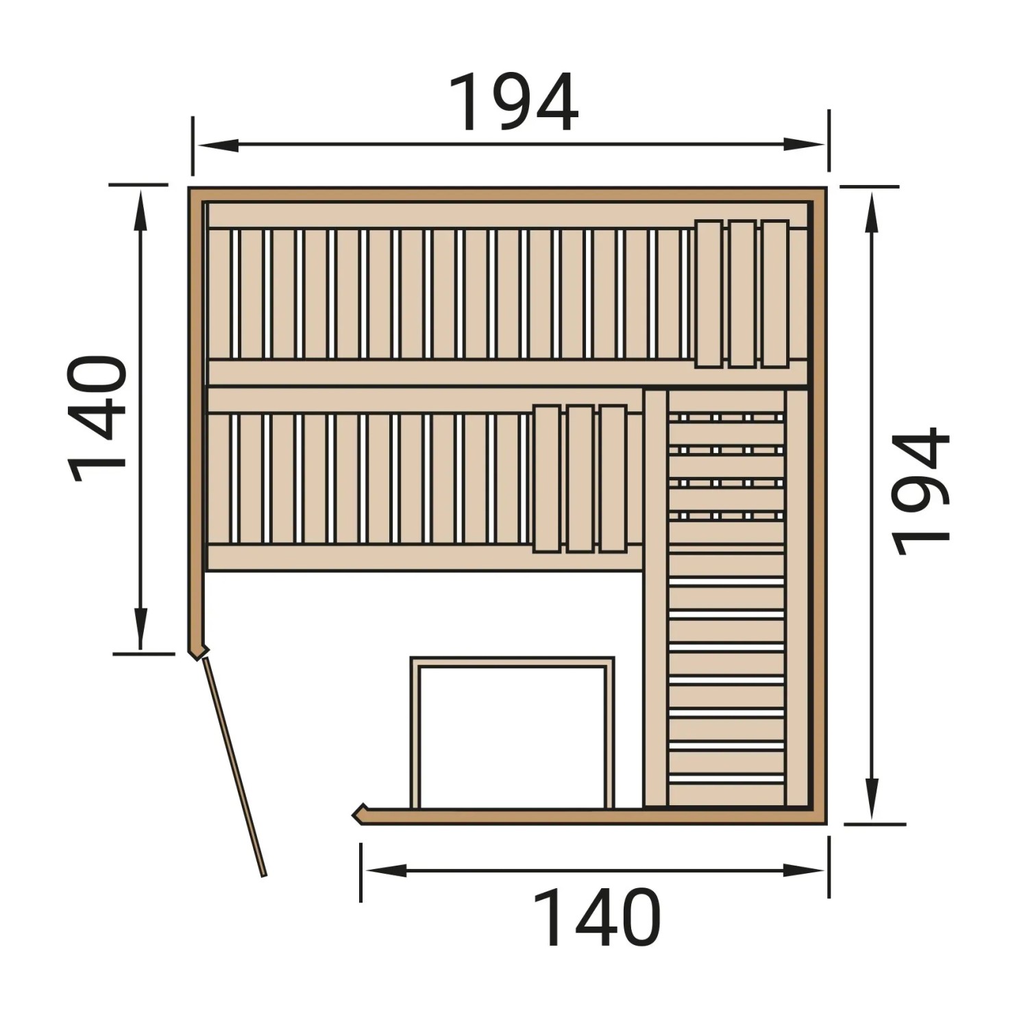 Grundriss der Weka Element-Ecksauna Varberg, eine Familiensauna aus Fichtenholz mit Glastür, Maße 194x194x140 cm.