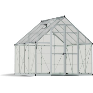 Palram Canopia Balance Gewächshaus 8x8 Silber mit klaren Seitenwänden.