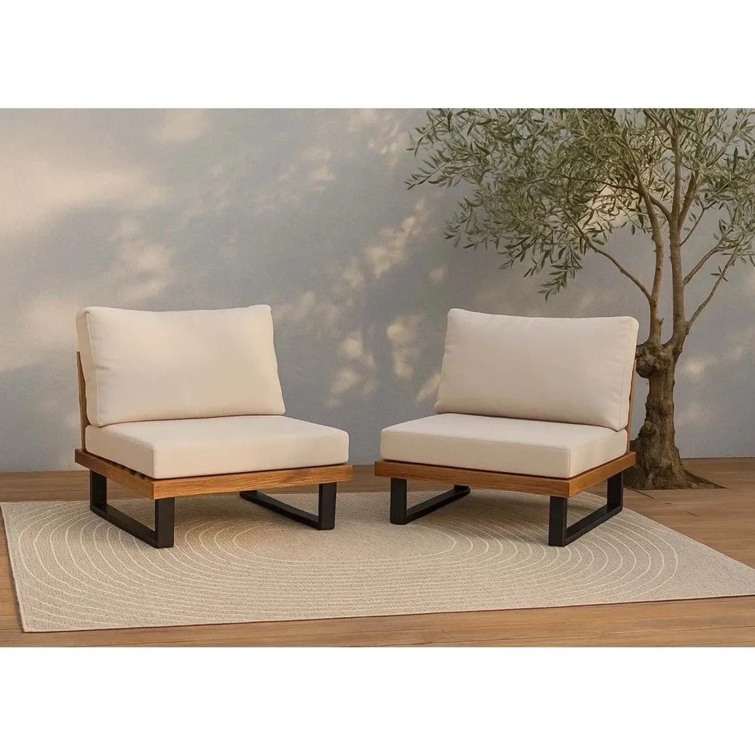 2er-Set Lounge-Sessel H54, hellbraunes Akazienholz, beige Polster für Garten, Terrasse oder Balkon.