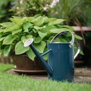 Blaue Kent & Stowe Gießkanne (4,5 l) aus verzinktem Stahl mit Brausekopf und klappbarem Griff.