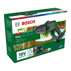 Verpackung der Bosch Akku-Gehölzschneider EasyChain 18 V-15-7 Akku-Kettensäge.