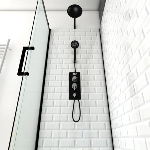 Aurlane Komplettdusche Metro 110 mit schwarzem Rahmen, Kopf- und Handbrause vor weißer Metro-Fliese.