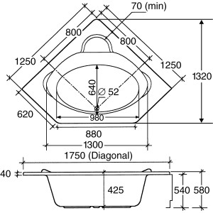 Skizze des Ottofond Whirlpool Miami Premium 125 cm, Maße und Details zur Installation.