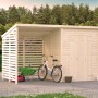 Palmako Gerätehaus Leif, naturbelassen, mit Doppeltür und offenem Bereich für Gartengeräte und Fahrräder.