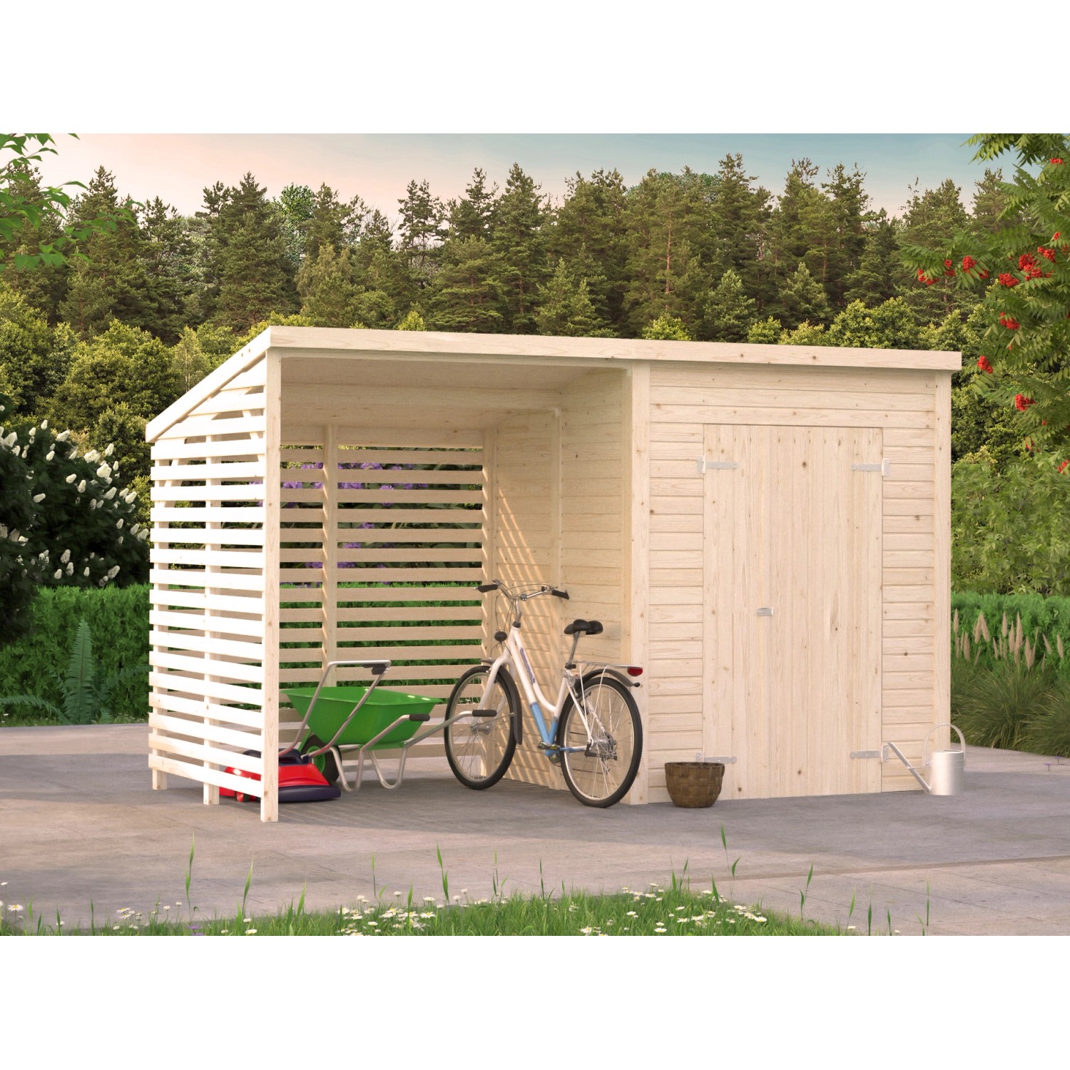 Palmako Gerätehaus Leif, naturbelassen, mit Doppeltür und offenem Bereich für Gartengeräte und Fahrräder.