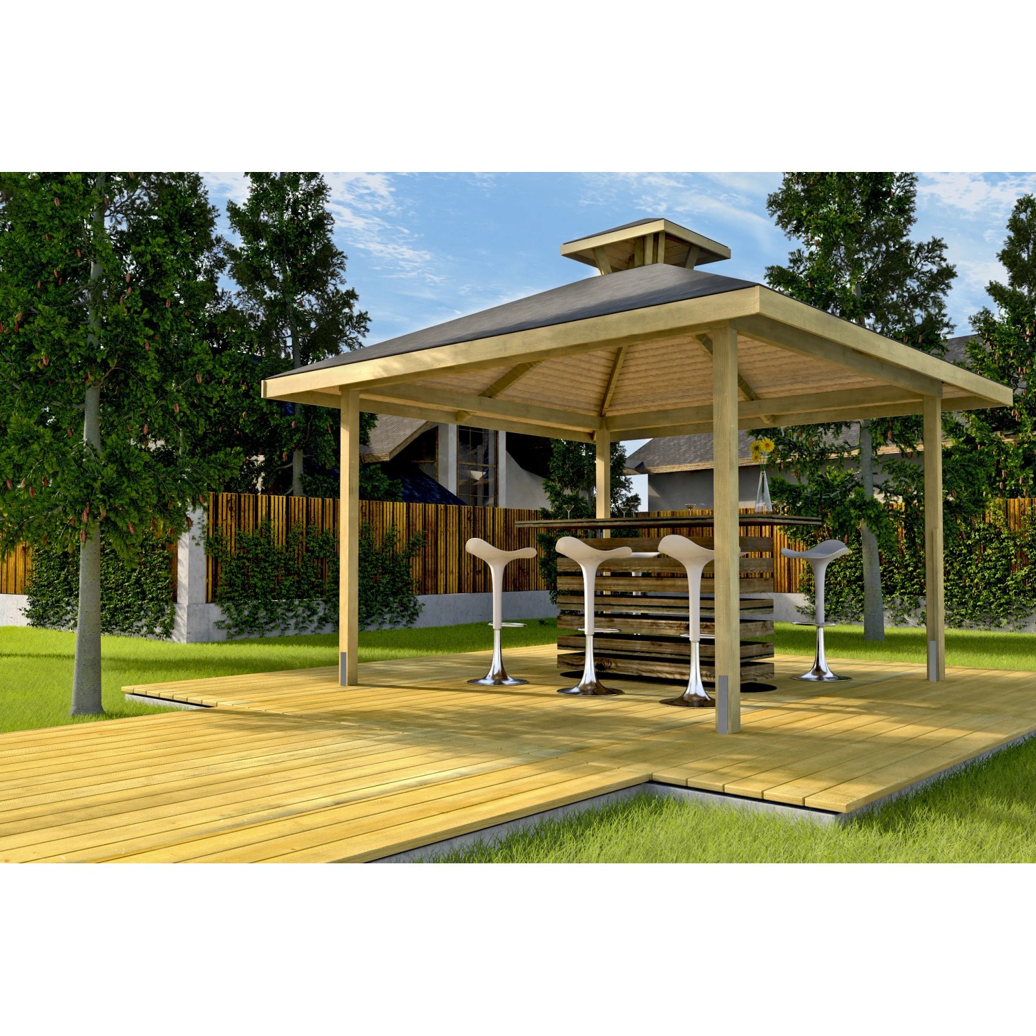 Weka Freizeitlaube Rimini Spar-Set (304x304 cm) mit Tresen und Barhockern auf Holzterrasse.