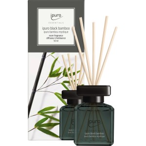 ipuro Raumduft Essentials Black Bamboo 50ml mit Duftstäbchen und Verpackung.
