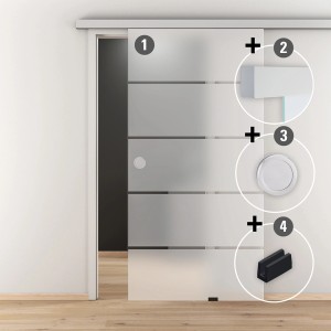 Novadoors Glasschiebetür Ontario Set mit Alu-Beschlag und Softeinzug. Glastür mit horizontalem Streifen-Dekor.