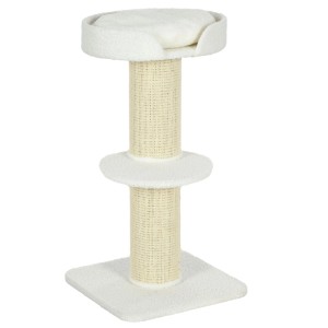 Cremeweißer PawHut Kratzbaum mit zwei Sisal-Kratzpfosten, weichem Bett und zwei Plattformen für Katzen.