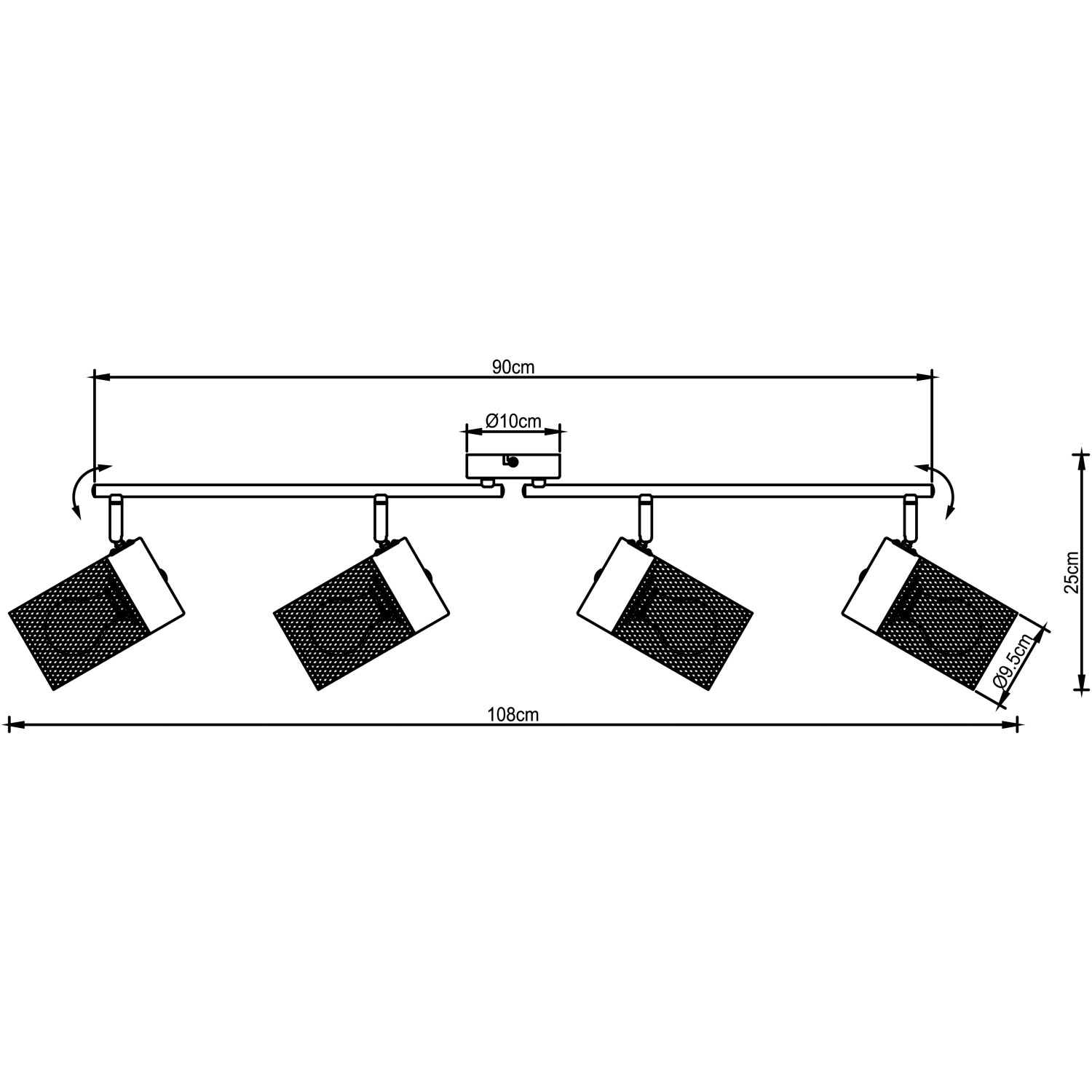 Technische Zeichnung: Schwarze, 3-flammige Brilliant Kamolo Spotrondell mit Maßen.