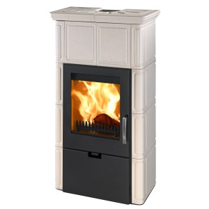Thorma LANDSHUT Kaminofen, 8 kW, mit Holzfeuer und Verkleidung in Creme-Weiß.