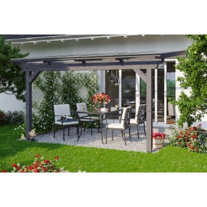 Skan Holz Terrassenüberdachung Ancona, schiefergraues Leimholz mit Polycarbonatplatten, inklusive Sitzgruppe.