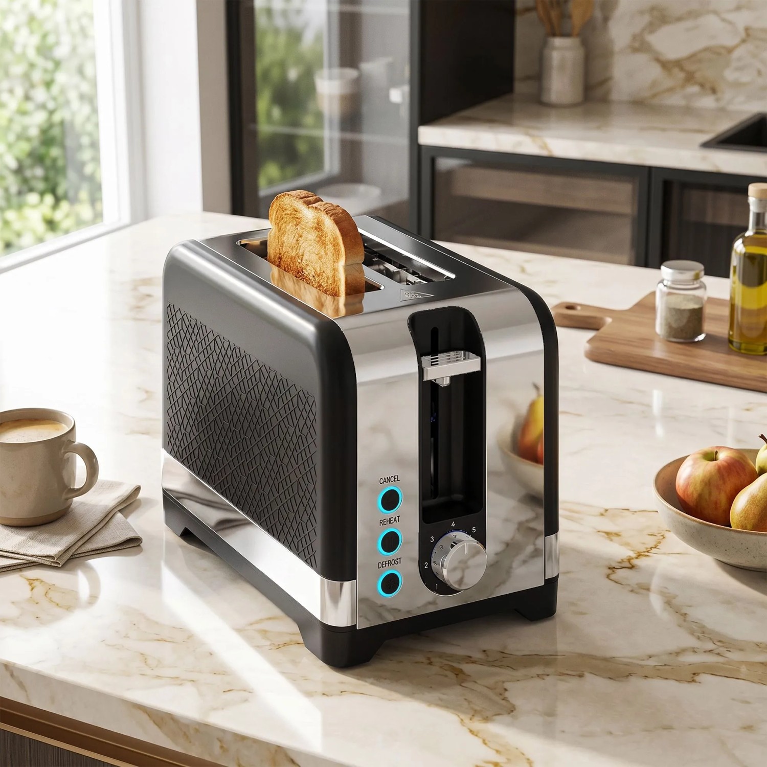 HOMCOM Toaster schwarz-silber mit Toastscheibe, 7 Bräunungsstufen, Auftau- & Aufwärmfunktion auf Küchentheke.