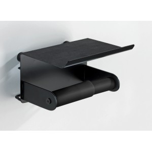 Schwarzer Wenko Toilettenpapierhalter Classic Plus mit Ablage für Bad und WC.