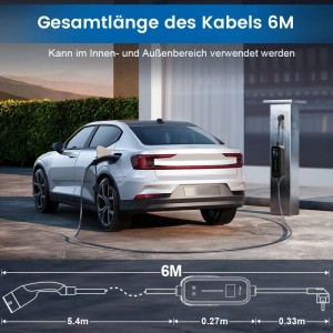 Silbernes Elektroauto lädt mit schwarzem 6m Typ 2 Ladekabel. Junsun EV Ladekabel für Elektroautos.