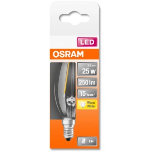 Osram LED-Leuchtmittel E14 Kerze, 2,5W, warmweiß, 250lm, 10x3,5cm. Energiesparende LED Lampe für E14 Fassung.