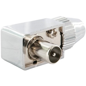 Schwaiger Koaxial Winkelstecker für Antennenanschluss, 90° Winkel, chromfarben.