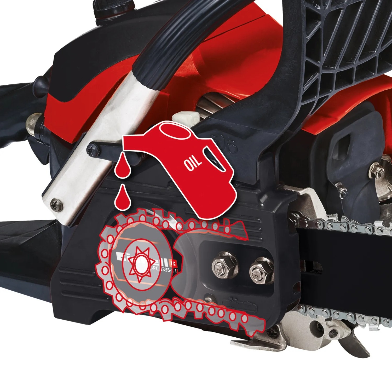 Detailaufnahme: Einhell Benzin-Kettensäge GC-PC 1335/1 I mit Ölzufuhr zur Kette.