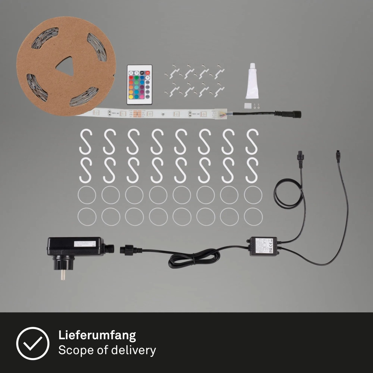 Brilo Outdoor LED Strip RGB 10m mit Zubehör: Fernbedienung, Haken, Halterungen, Netzteil.