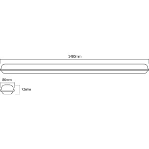 Abbildung der Ledvance LED-Feuchtraumleuchte Submarine mit Maßangaben (148 cm Länge).