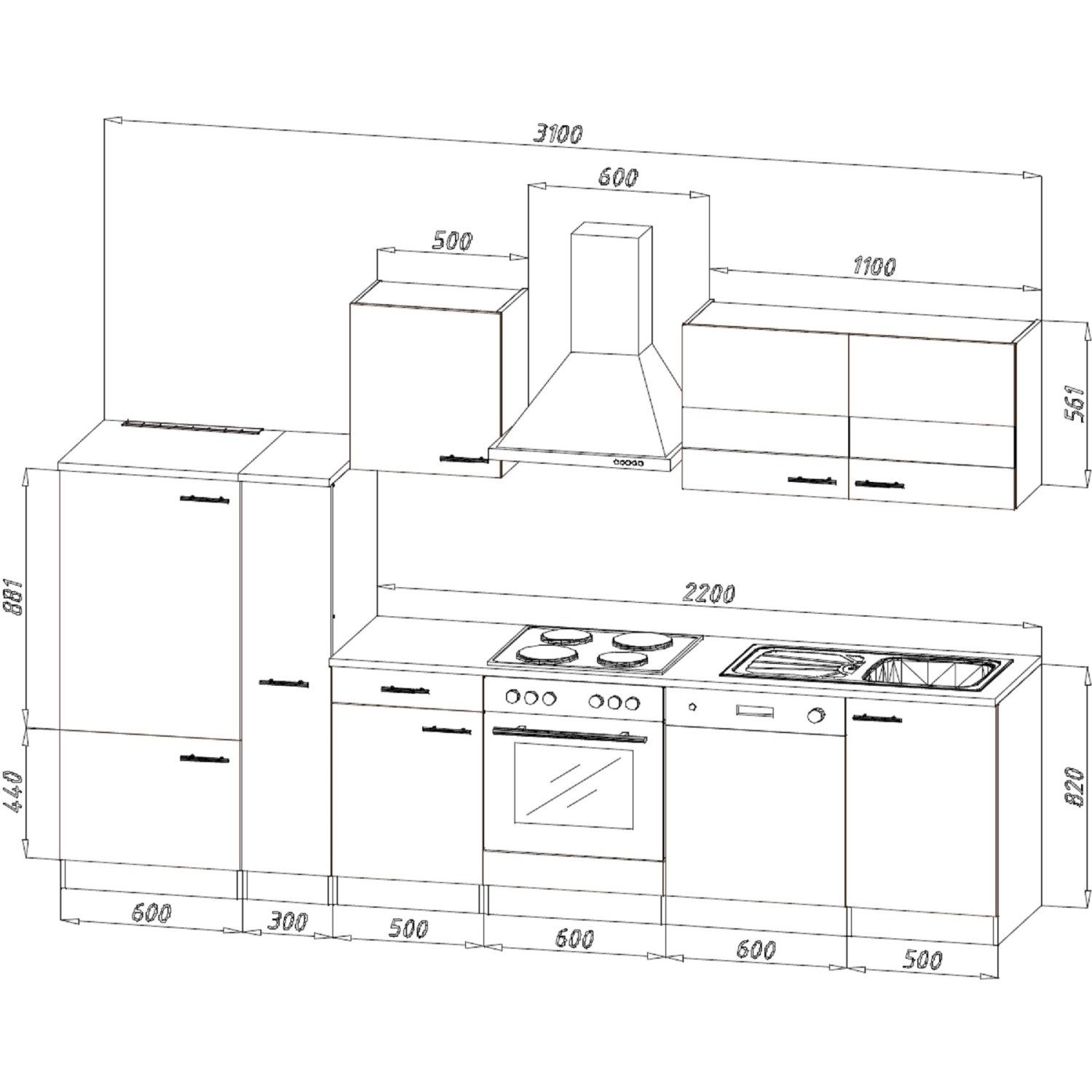 Skizze der Respekta Küchenzeile KB310WS, 310 cm, in Schwarz-Weiß mit Maßen.